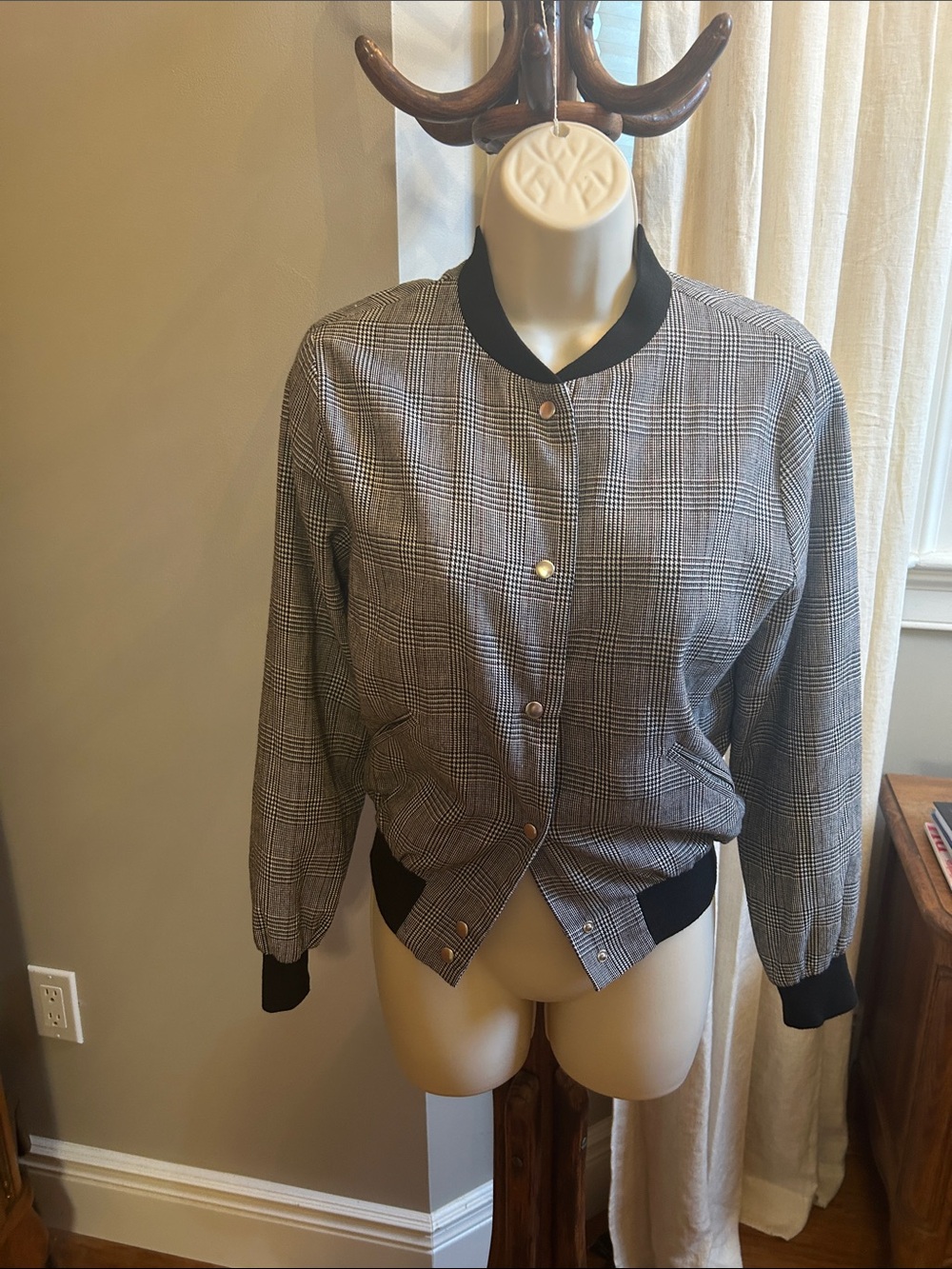 Shinestar Gray Plaid Bomber Jacket with Black Trim
